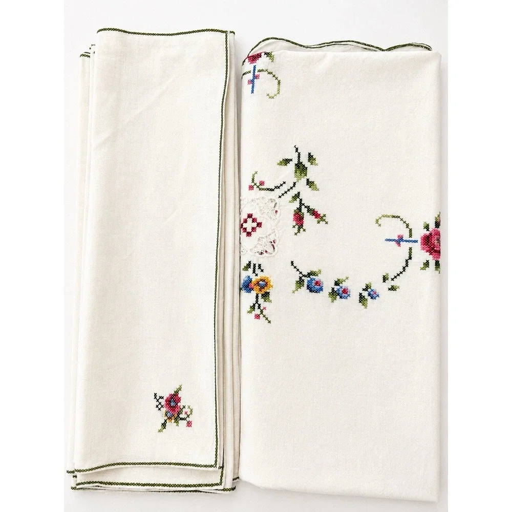 Vintage Hand Embroidered Linen Cross Stitch Tablecloth 7 Napkins Floral 63 x 63
